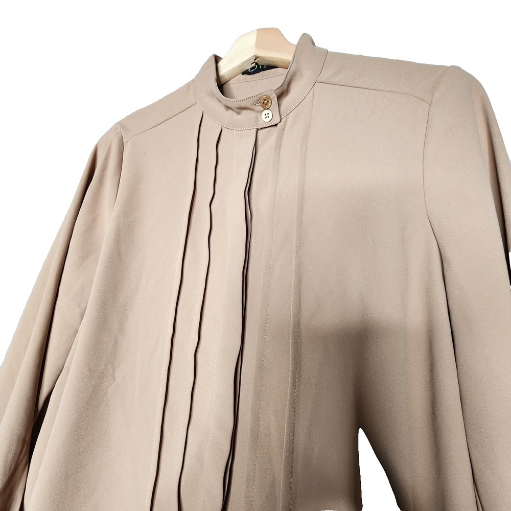 Motf Secretary Pleated Mock Neck Long Sleeve Hidden Button Down Blouse Tan S - Picture 2 of 8